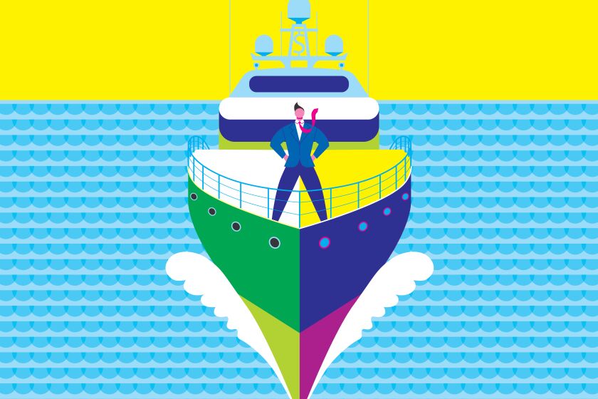 Illustration of a CEO on a yacht in the ocean.