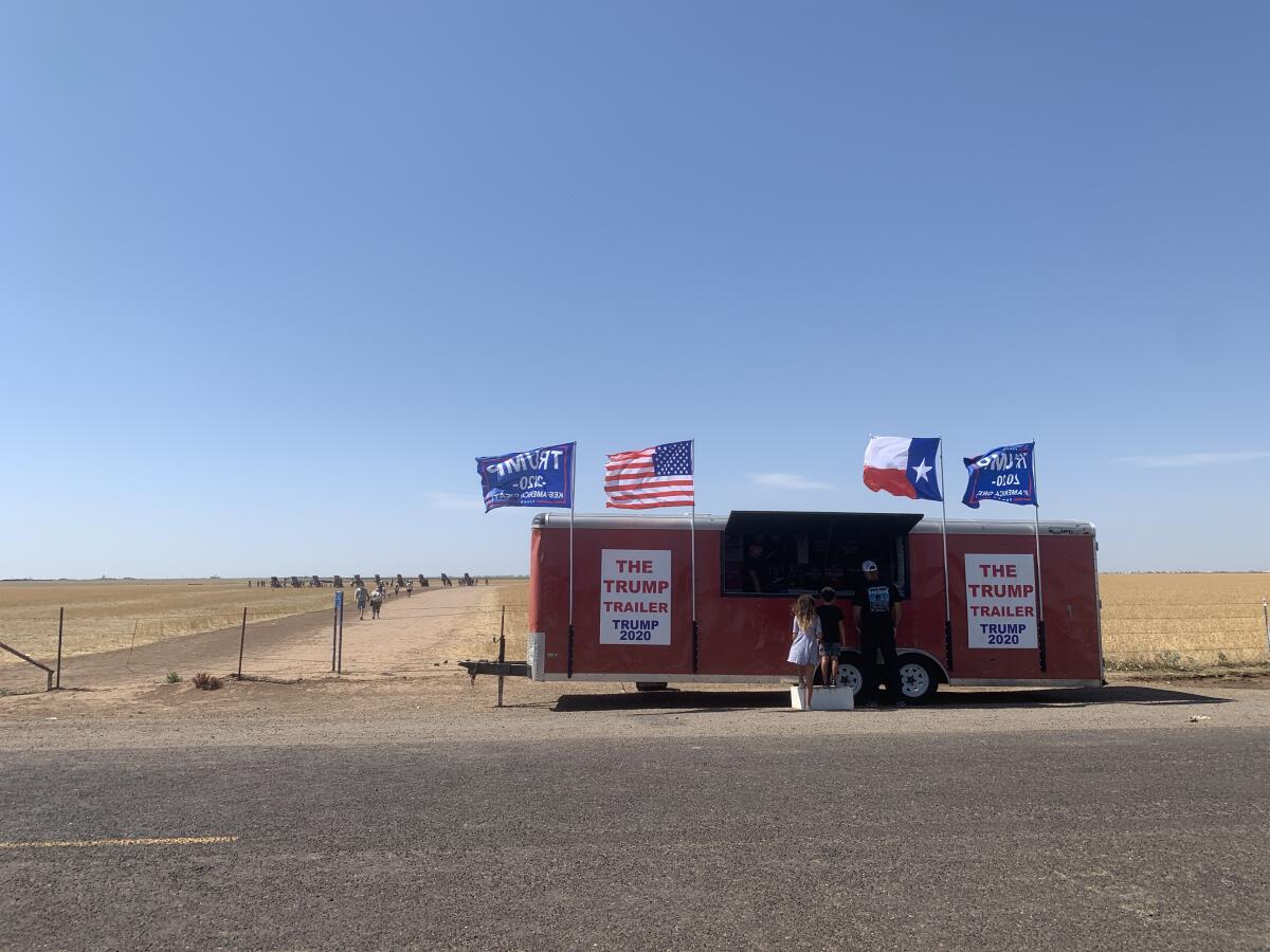 The Trump Trailer outside the famed Cadillac Ranch art installation in Amarillo, Texas.