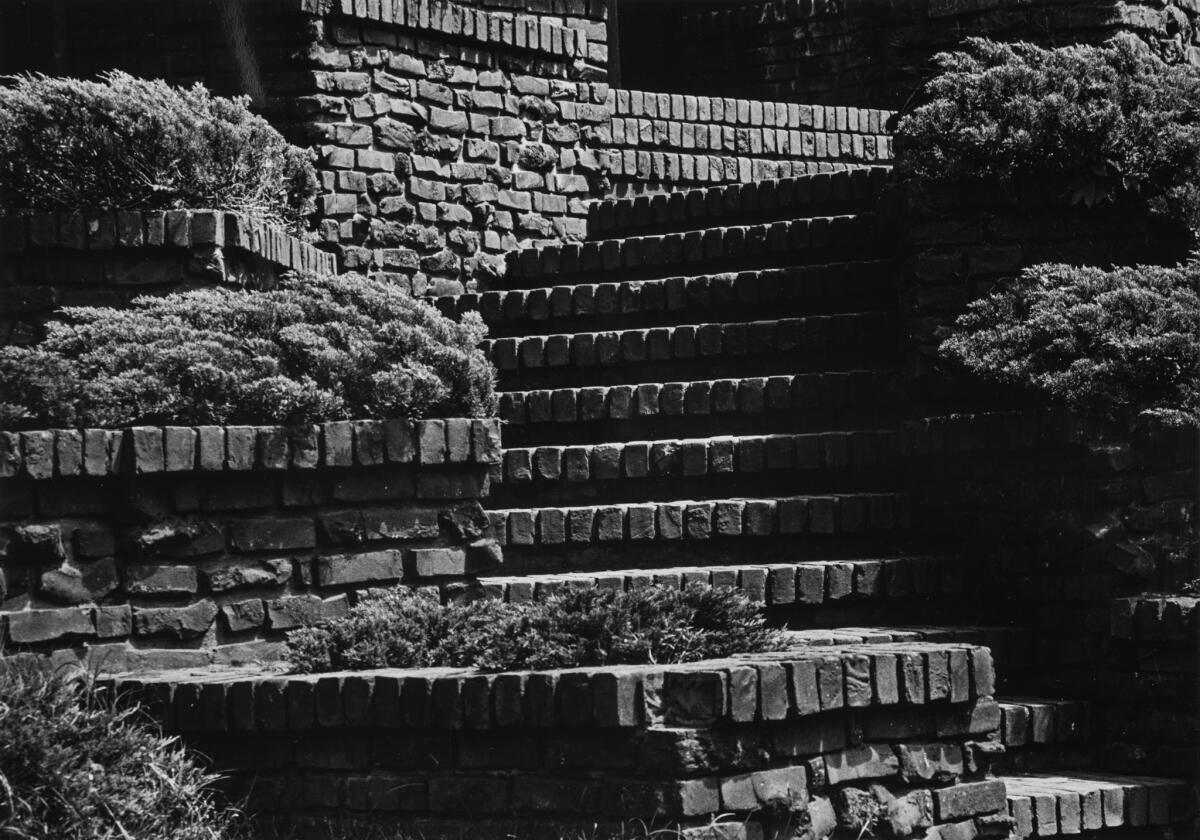 Stairs at the William R. Thorsen House in Berkeley, photographed by Yasuhiro Ishimoto, 1974, gelatin silver print. (Kochi Prefecture, Ishimoto Yasuhiro Photo Center)