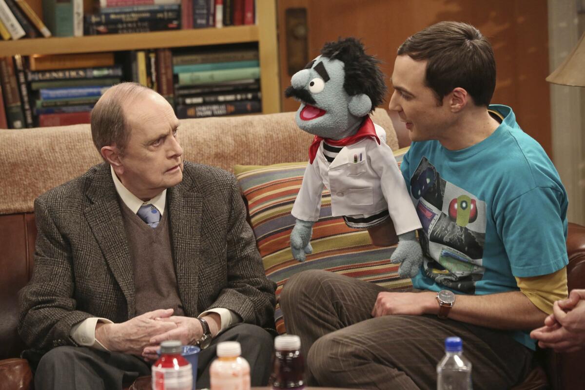 Bob Newhart (left) is shown with Jim Parsons on an episode of the TV series "The Big Bang Theory."