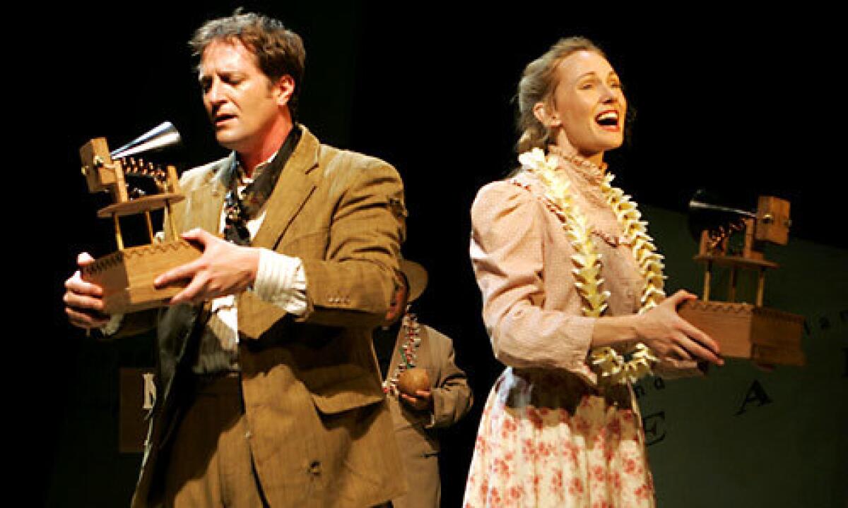 Characters Alonzo Fitz on the phone with Rosannah Ethelton during the Mark Twain play, 'The Loves of Alonzo Fitz Clarence & Rosannah Ethelton.'