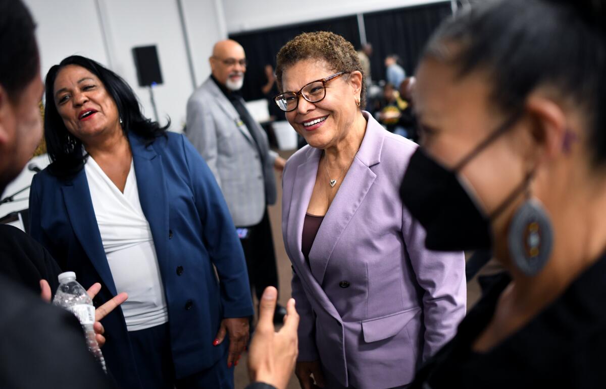 Mayor Karen Bass greets attendees at a Black Lives Matter event in April.