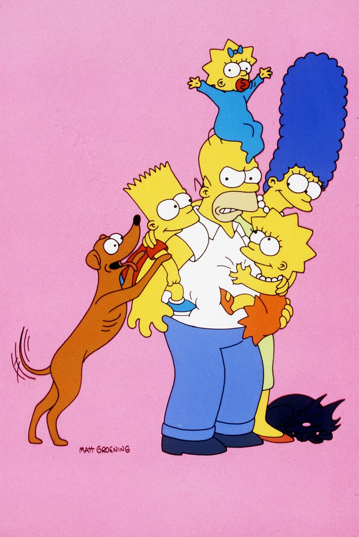 Bart, Lisa, Marge, Maggie and dog Santa's Little Helper surround an angry Homer Simpson.