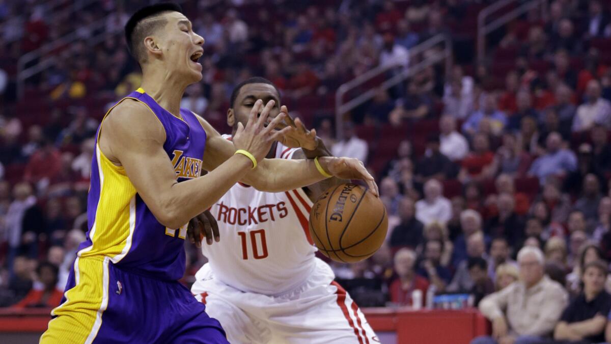 As part of the trade to acquire Jeremy Lin, left, last year, the Lakers will receive the Houston Rockets' first-round pick in the 2015 NBA draft.