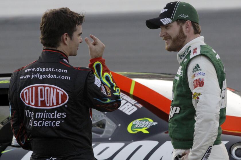 Jeff Gordon, left, might step in for Dale Earnhardt Jr., right, at race in Indianapolis. Earnhardt is battling concussion-like symptoms.