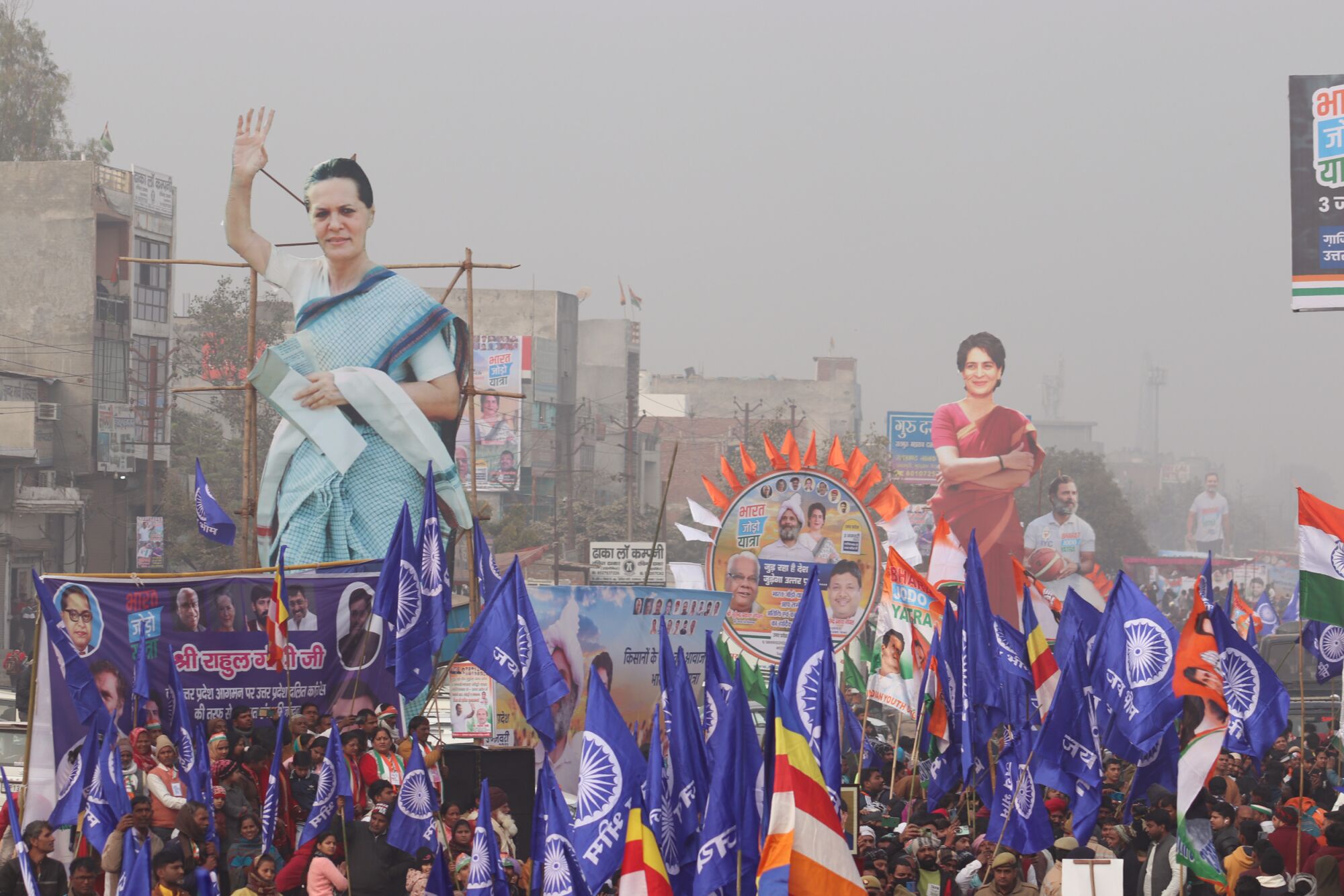 A likeness of Sonia Gandhi appears at a demonstration.