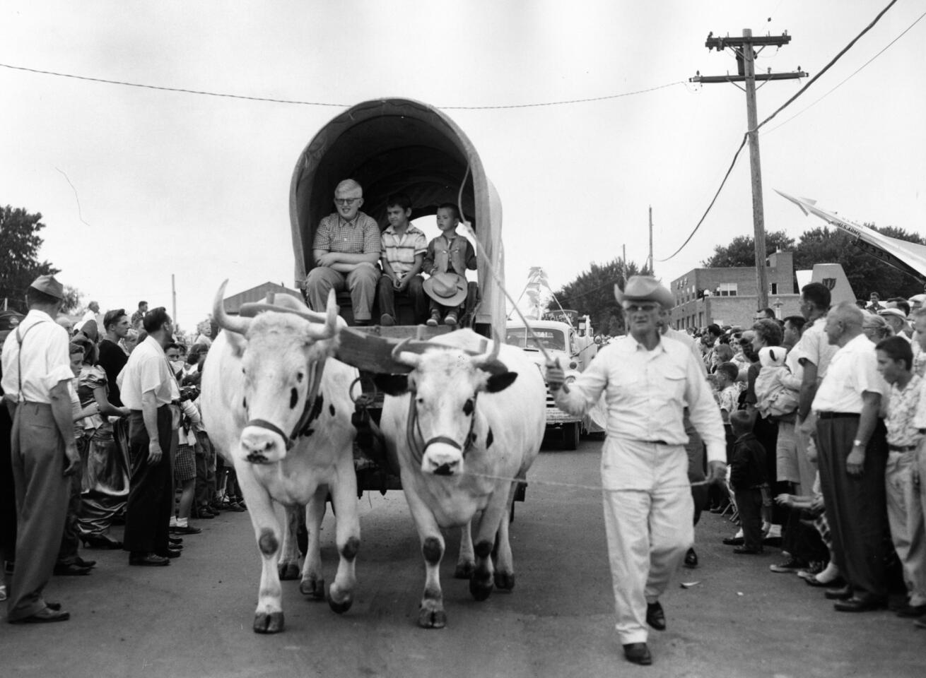 July 19, 1959: The First National Bank of Mundelein's float in the Jubilee parade in 1959, featuring oxen from Hawthorne-Mellody Farms.