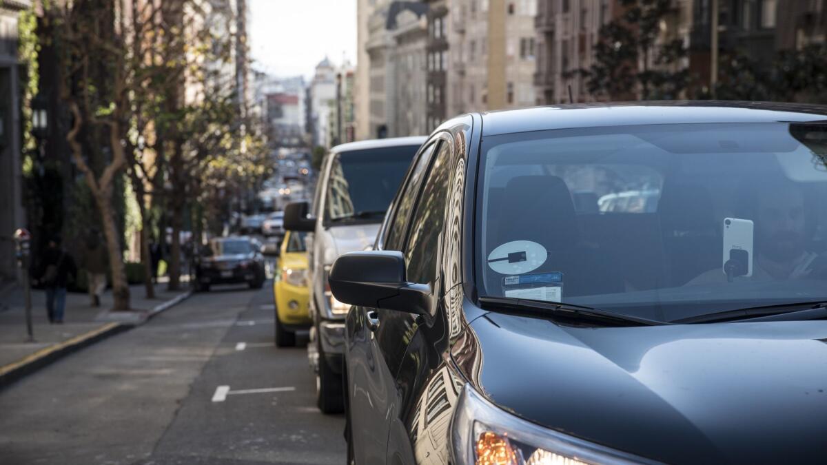 An Uber driver in traffic in San Francisco.