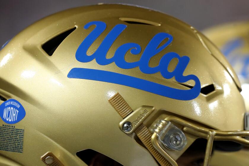 TUCSON, AZ - NOVEMBER 04: UCLA Bruins football helmet logo during a football game.
