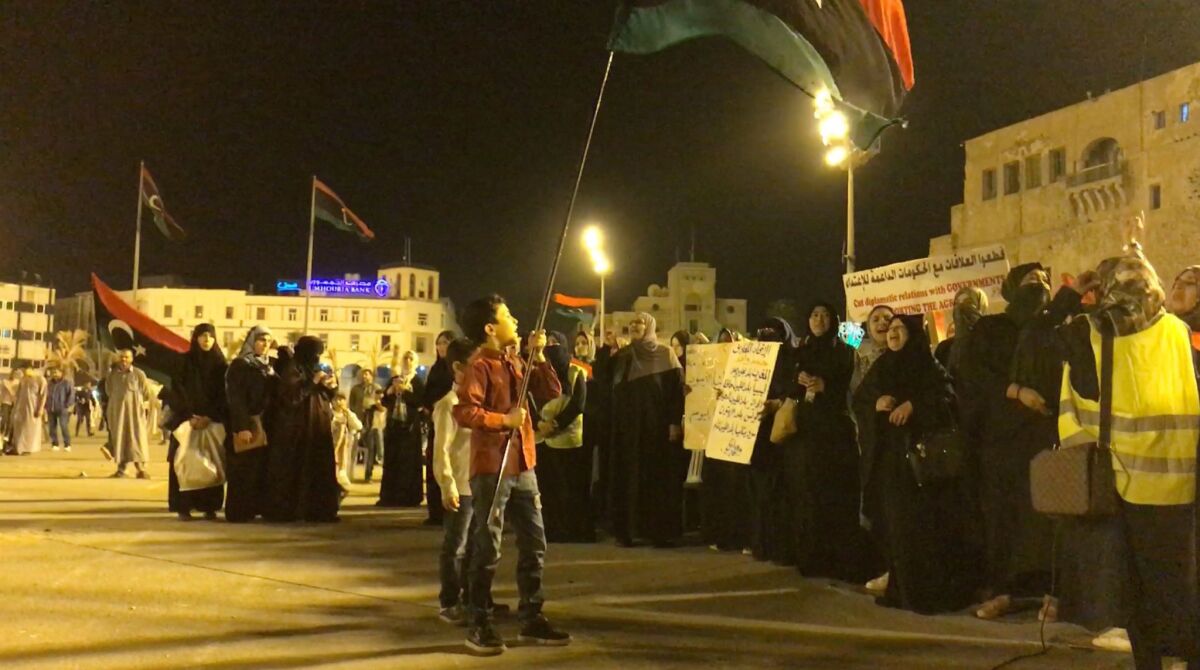 Protesters gather in Tripoli's Martyr's Square for a demonstration against the offensive by Libyan Gen. Khalifa Haftar.