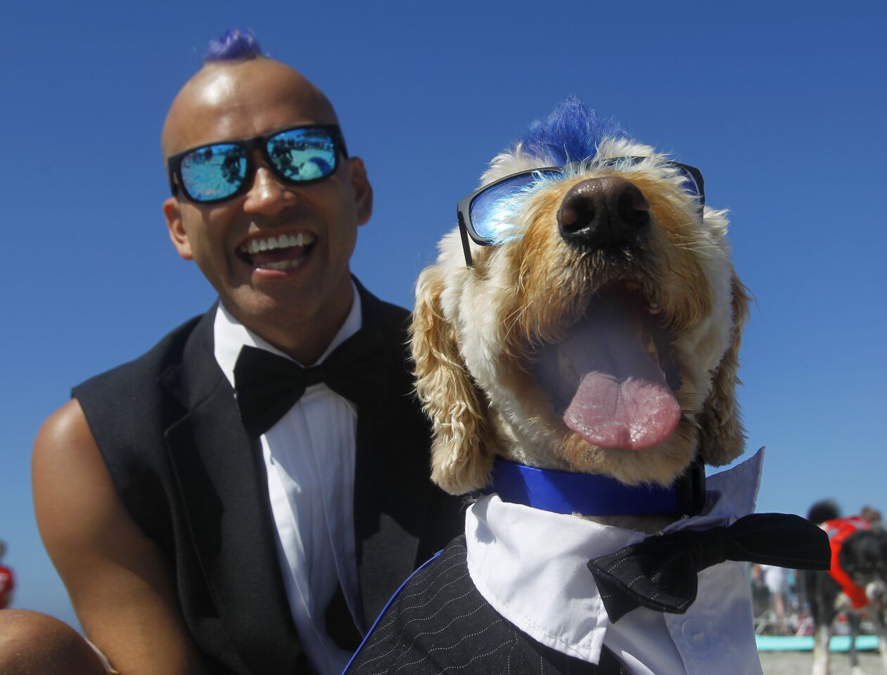 Kentucky Gallahue and his dog Derby get ready to compete in the freestyle division of the Helen Woodward Animal Center's 16th annual Surf Dog Surf-A-Thon.