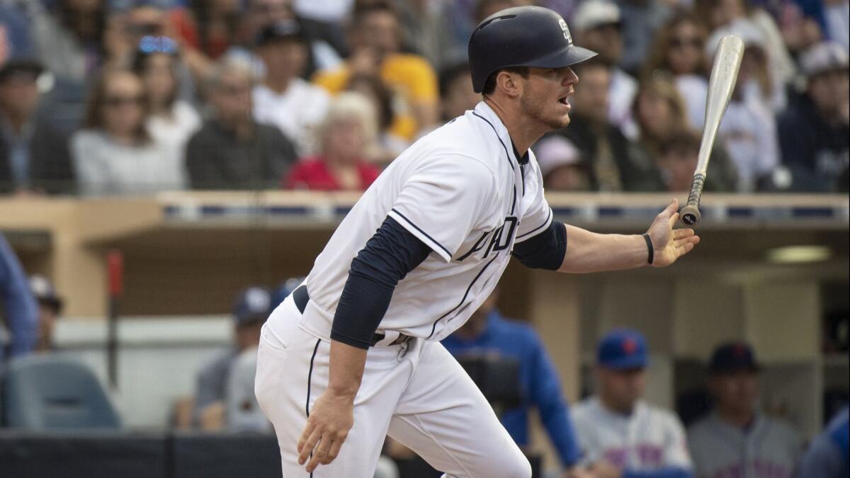 Wil Myers bats against the Mets on April 28. He was placed on the DL with an oblique strain the next day.