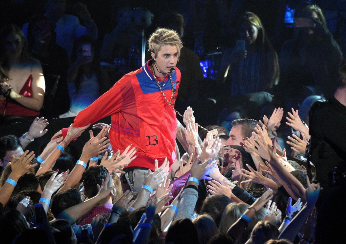 Justin Bieber performs at the iHeartRadio Music Awards on April 3 in Inglewood.