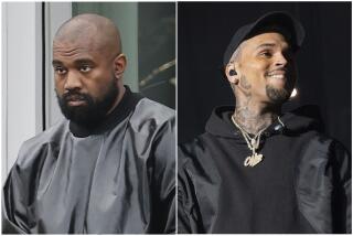 Left, Kanye West is seen on May 13, 2023 in Los Angeles, California. Right, Chris Brown performs during Lil Baby's Birthday Party at State Farm Arena on Saturday, Dec. 9, 2022, in Atlanta. ((Photo by MEGA/GC Images, Paul R. Giunta/Invision/AP)