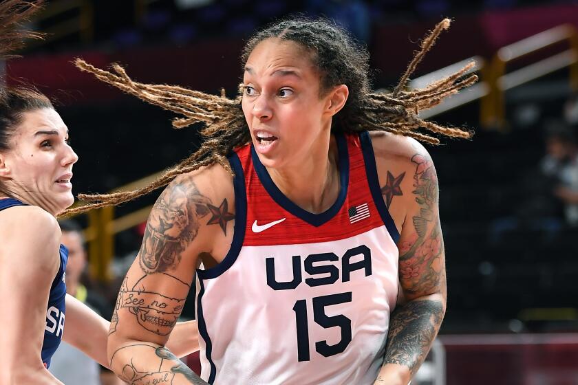 -TOKYO,JAPAN August 6, 2021: USA's Brittney Griner puts a spin move.