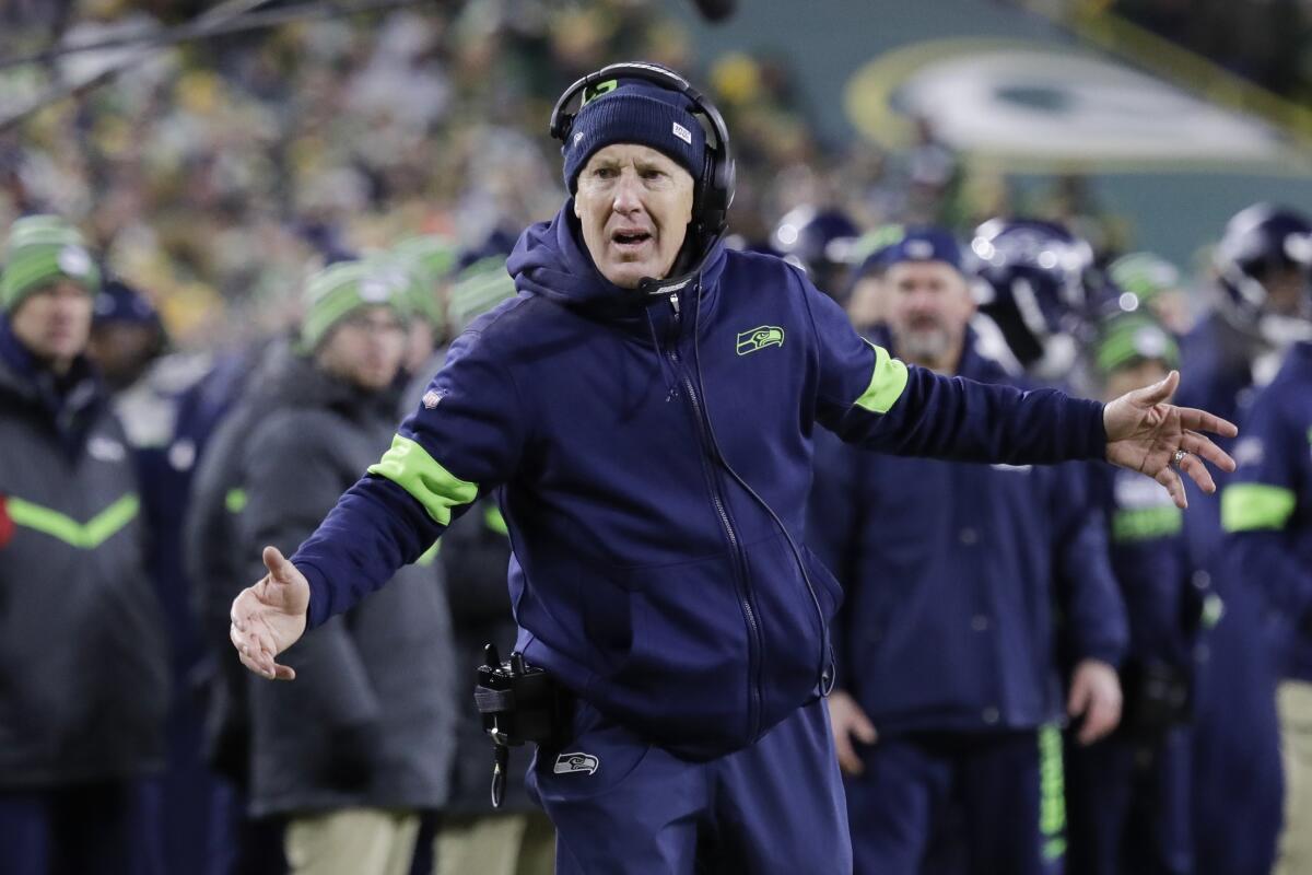 Seahawks coach Pete Carroll reacts during the second half of an NFC divisional playoff game against the Packers on Jan. 12 at Lambeau Field.