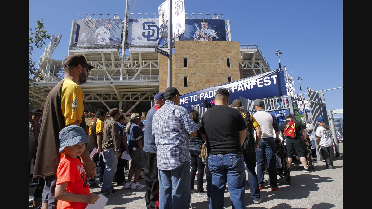 Hundreds of fans line up to enter Petco Park for the Padres Fanfest.