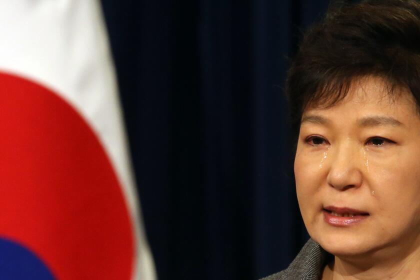 South Korean President Park Geun-hye weeps as she makes a televised address to the nation about the handling of last month's ferry sinking.