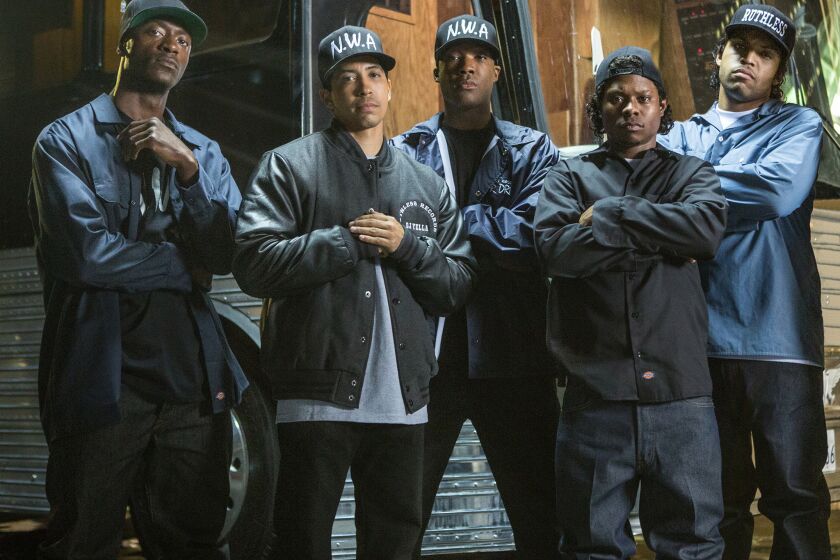 MC Ren (Aldis Hodge), DJ Yella (Neil Brown Jr.), Dr. Dre (Corey Hawkins), Eazy-E (Jason Mitchell) and Ice Cube (O'Shea Jackson Jr.) in "Straight Outta Compton."