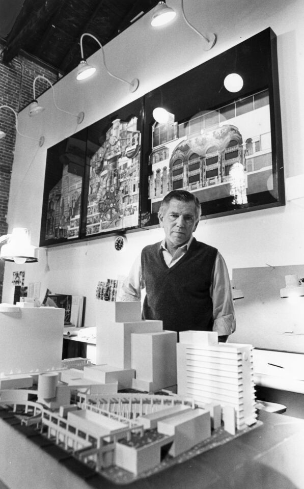 Architect Jon Jerde is shown in 1988 in his Los Angeles office on Sunset Boulevard.
