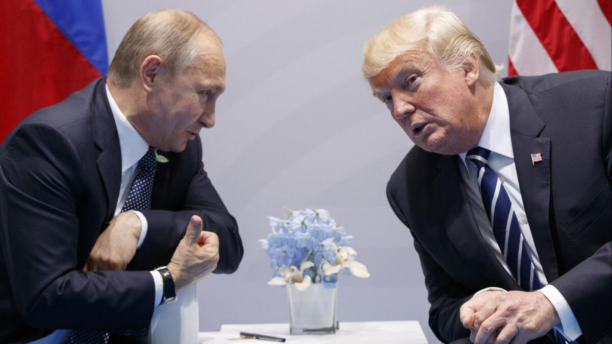 Russian President Vladimir Putin and U.S. President Trump meet at the G-20 Summit in Hamburg, Germany, in 2017.