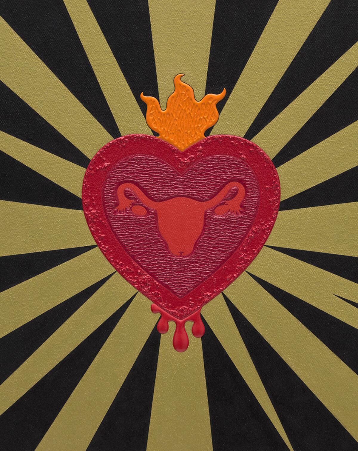 A textured painting in black, gold and red shows an image of a Sacred Heart with an endometrium within