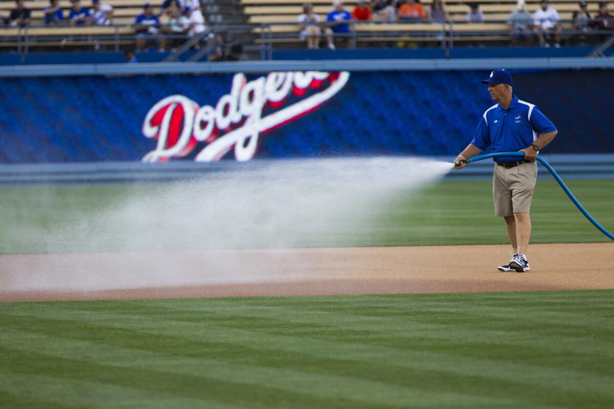 A member of the Dodger Stadium grounds crew waters the field before a game in April. New electronic sensors send real-time data -- moisture, temperature and salinity -- that tell when sprinklers have sufficiently drenched the soil.