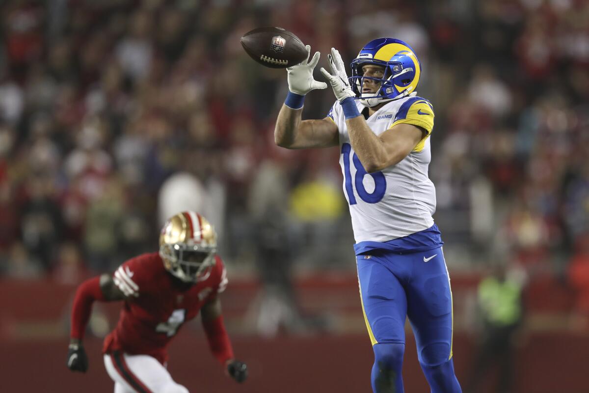 Rams wide receiver Ben Skowronek catches a pass against the San Francisco 49ers during the third half.