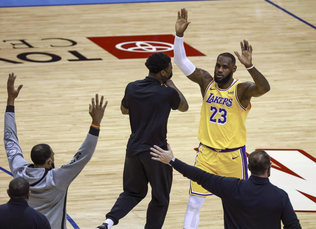 The Lakers' LeBron James reacts after a play against the Rockets on Jan. 21, 2021, in Houston.
