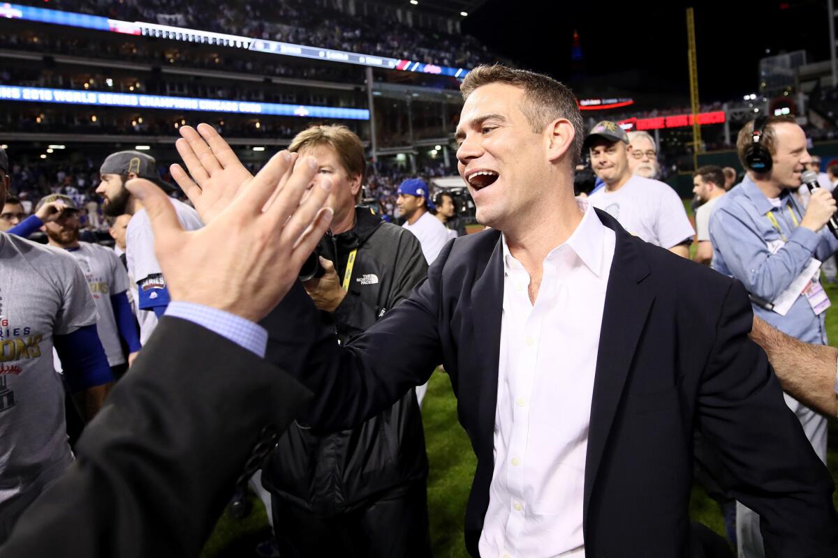 CLEVELAND, OH - NOVEMBER 02: President of Baseball Operations for the Chicago Cubs Theo Epstein reacts after the Cubs defeated the Cleveland Indians 8-7 in Game Seven of the 2016 World Series at Progressive Field on November 2, 2016 in Cleveland, Ohio. The Cubs win their first World Series in 108 years. (Photo by Ezra Shaw/Getty Images) ** OUTS - ELSENT, FPG, CM - OUTS * NM, PH, VA if sourced by CT, LA or MoD **