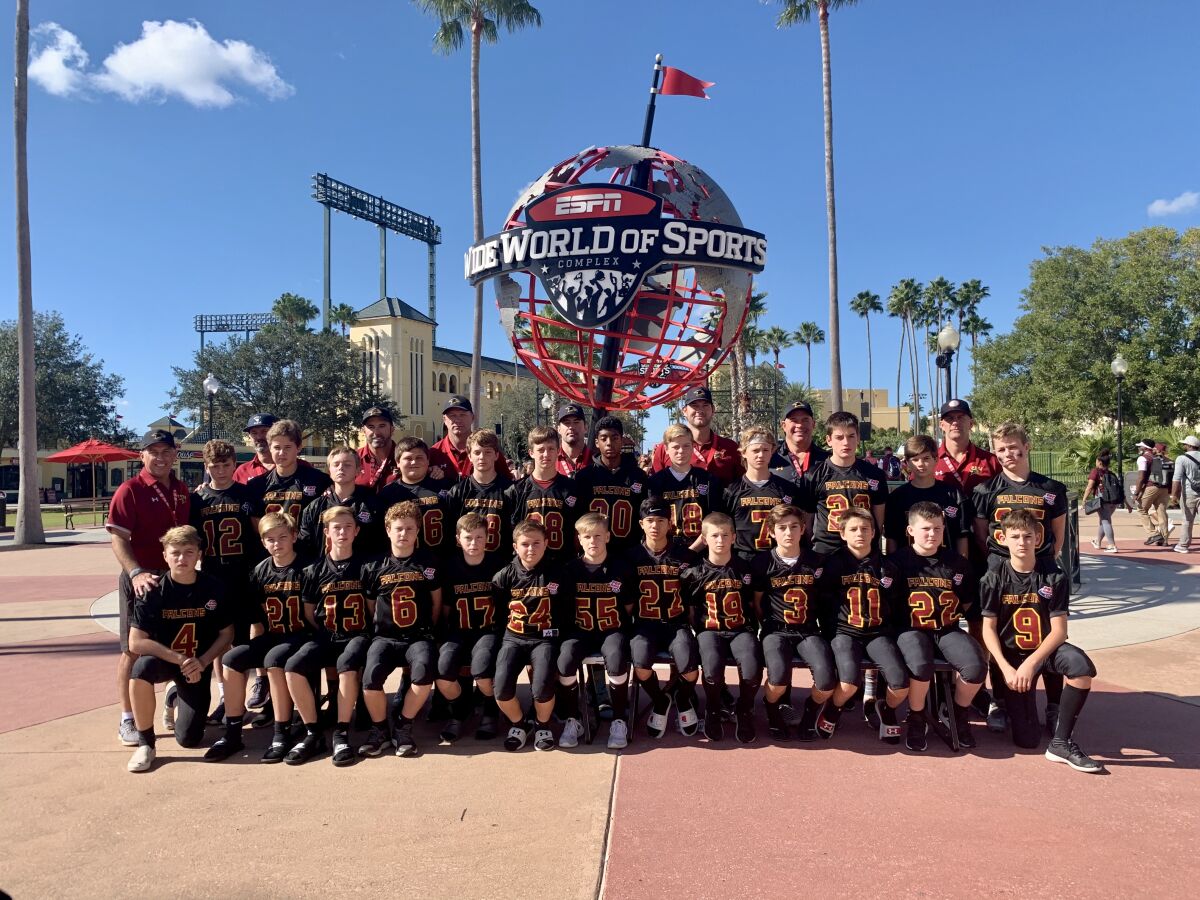 The Torrey Pines Pop Warner Falcons are playing for the national title at Disney World’s ESPN Wide World of Sports Complex in Orlando, Florida.
