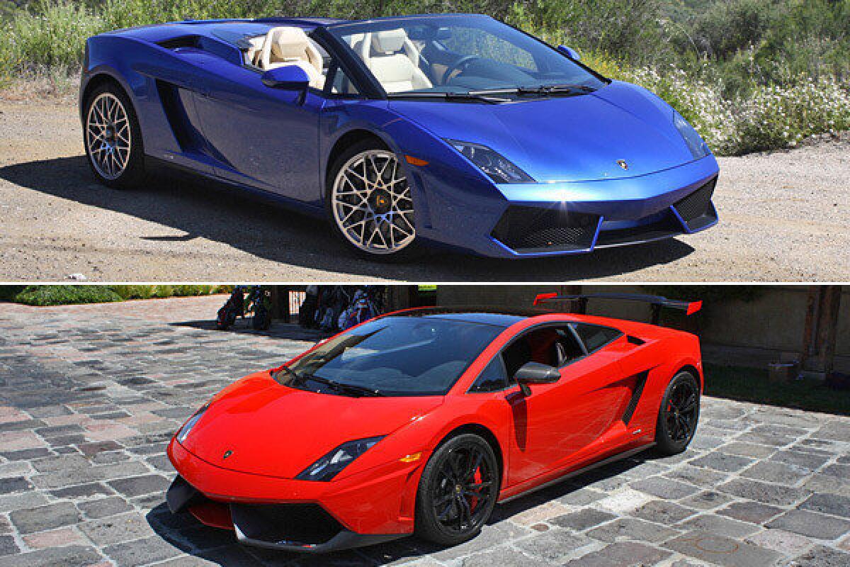 The Lamborghini Gallardo LP 550-2 Spyder at top and the LP 570-4 Super Trofeo Stradale, at bottom, are two of the latest variants on the Gallardo supercar.