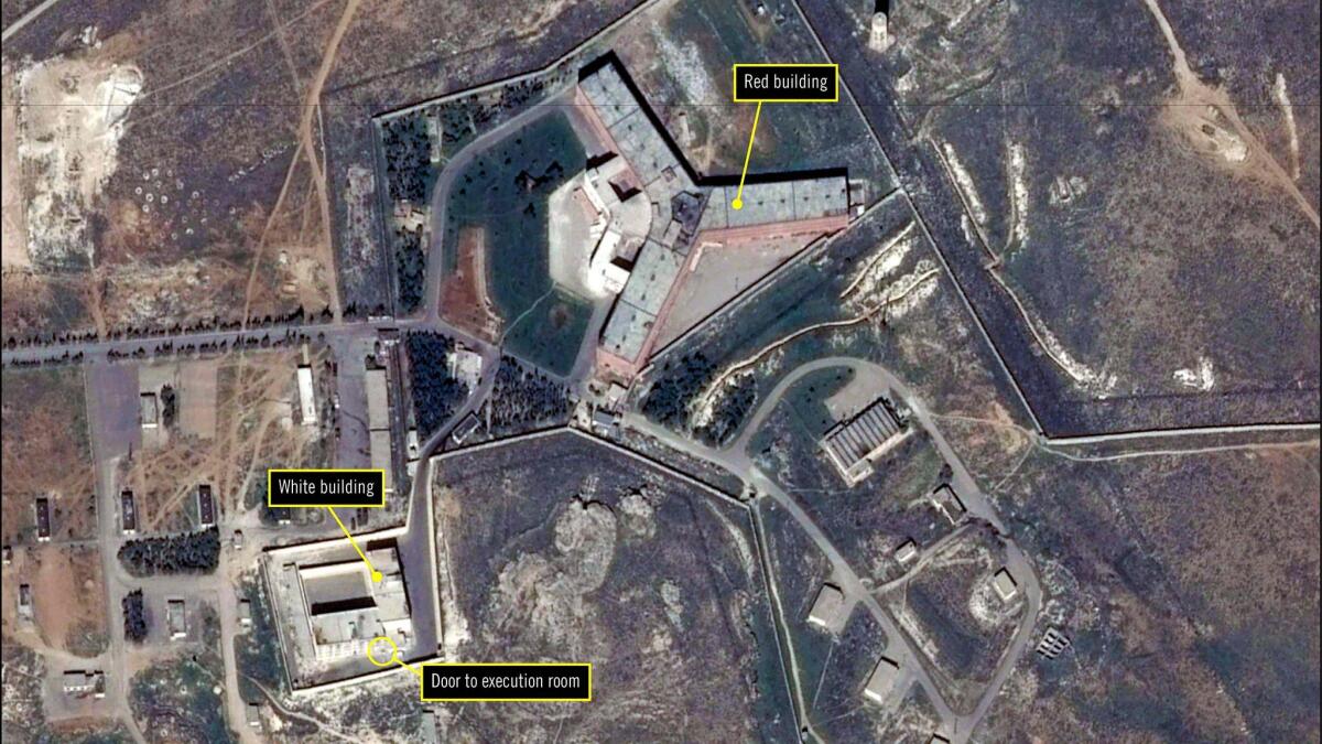 A satellite image released Feb. 7 by Amnesty International shows the military-run Saydnaya prison, one of Syria's largest detention centers, located 18 miles north of Damascus.