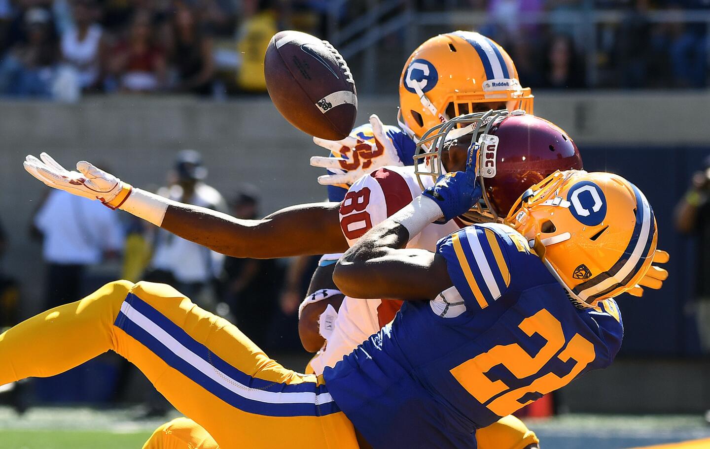 USC receiver Deontay Burnett can't make the catch in the end zone against the defense of Cal cornerback Derrick Clark during the fourth quarter.