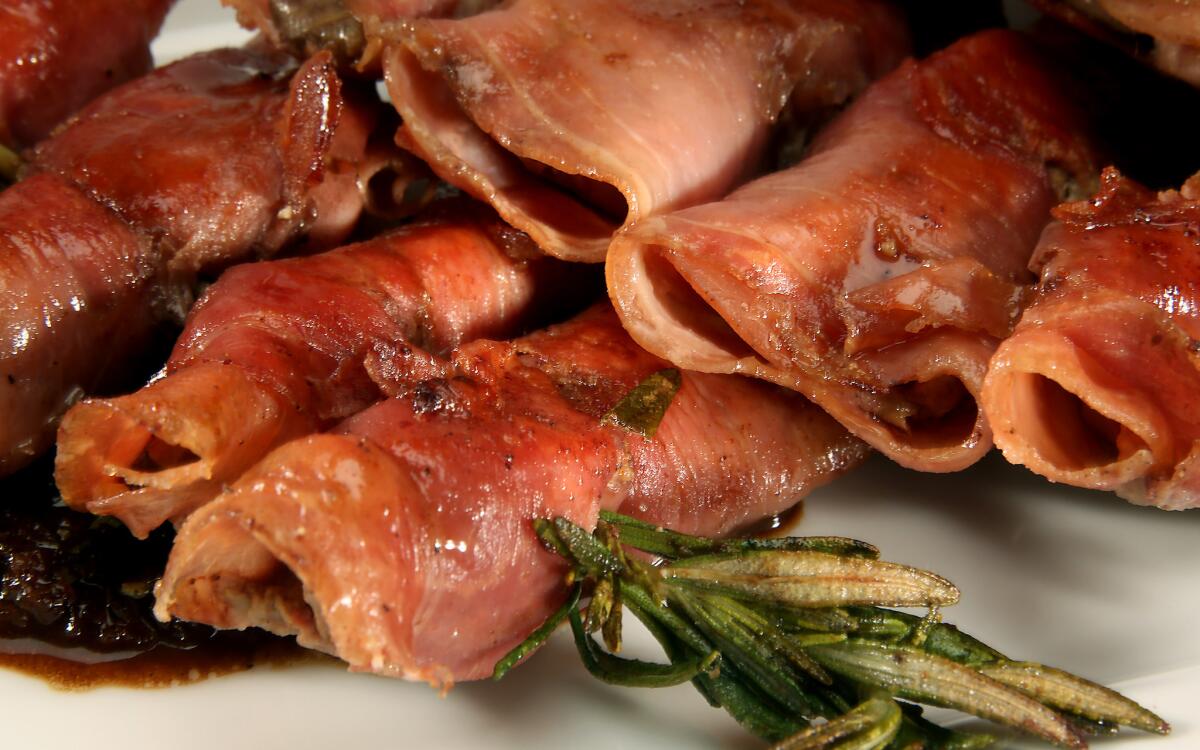 Prosciutto-wrapped chicken liver skewers