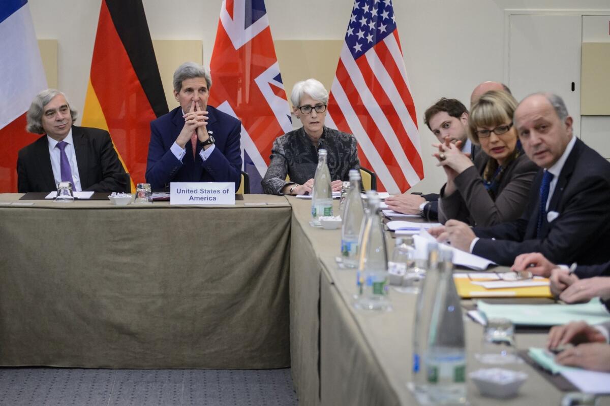 U.S. Energy Secretary Ernest Moniz, left, Secretary of State John Kerry, U.S. Undersecretary for Political Affairs Wendy Sherman and French Foreign Minister Laurent Fabius attend Iranian nuclear talks in Lausanne, Switzerland on Saturday.
