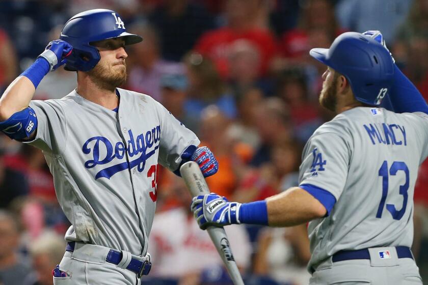 PHILADELPHIA, PA - JULY 15: Cody Bellinger #35 of the Los Angeles Dodgers is congratulated by Max Muncy #13 after hitting a home run against the Philadelphia Phillies during the fifth inning of a baseball game at Citizens Bank Park on July 15, 2019 in Philadelphia, Pennsylvania. (Photo by Rich Schultz/Getty Images) ** OUTS - ELSENT, FPG, CM - OUTS * NM, PH, VA if sourced by CT, LA or MoD **
