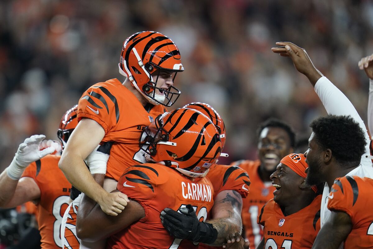Cincinnati Bengals kicker Evan McPherson reacts after kicking the game-winning field goal against the Jacksonville Jaguars.