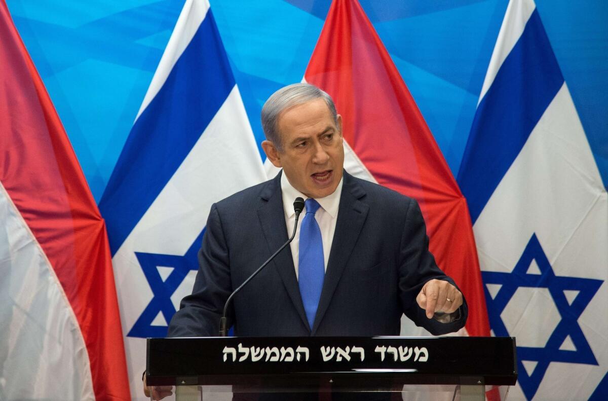 Israel's Prime Minister Benjamin Netanyahu speaks during a news conference in Jerusalem in 2015.