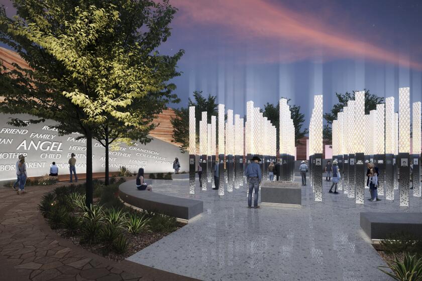 FILE - This rendering provided by Clark County, Nev., on June 2, 2023, shows one of five potential designs for a permanent memorial to be built on the Las Vegas Strip in honor of the victims, survivors and first responders of the Oct. 1, 2017, mass shooting that left 60 dead and hundreds more injured at a country music festival in Las Vegas. The rampage was the deadliest mass shooting in modern America. On Wednesday, July 26, the Clark County 1 October Memorial Committee announced a final design for the permanent memorial. It's depicted in this rendering, which features 58 towering beams designed to look like candles. (Courtesy of Clark County via AP, File)