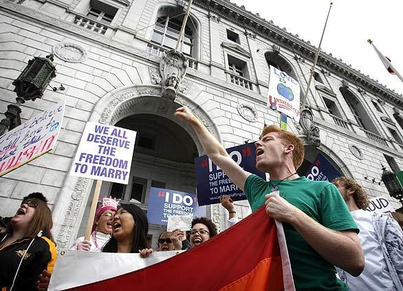 Supporters of Prop. 8, including Doug Williams, center, face off with opponents of the measure outside the court in San Francisco.
