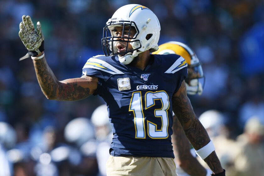 CARSON, CALIFORNIA - NOVEMBER 03: Keenan Allen #13 of the Los Angeles Chargers signals for a first down during the first half against the Green Bay Packers at Dignity Health Sports Park on November 03, 2019 in Carson, California. (Photo by Harry How/Getty Images)