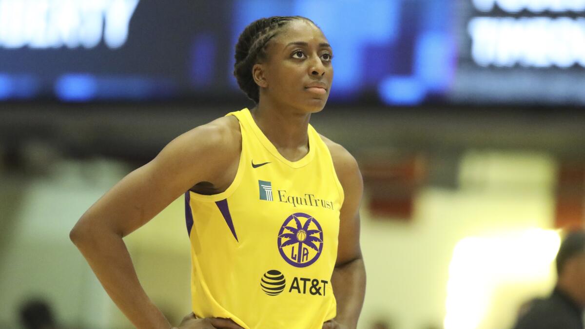 Sparks star Nneka Ogwumike catches her breath during a game against the Liberty last season in New York.