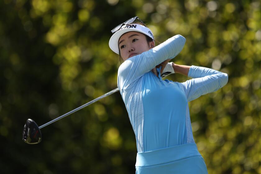 LOS ANGELES, CALIFORNIA - APRIL 26: Grace Kim of Australia plays her shot from the second tee during the second round of the JM Eagle LA Championship presented by Plastpro at Wilshire Country Club on April 26, 2024 in Los Angeles, California. (Photo by Meg Oliphant/Getty Images)