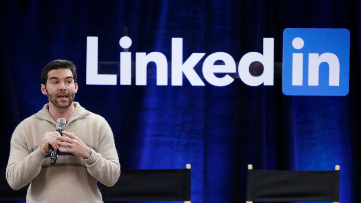 LinkedIn CEO Jeff Weiner speaks during a company event at LinkedIn headquarters in Mountain View, Calif., on Nov. 6, 2014.