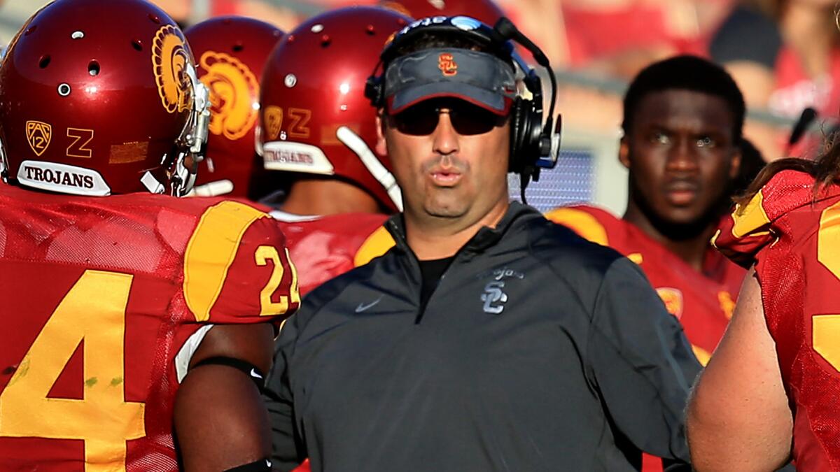 USC Coach Steve Sarkisian watches from the sideline during a victory over Notre Dame at the Coliseum on Nov. 29.