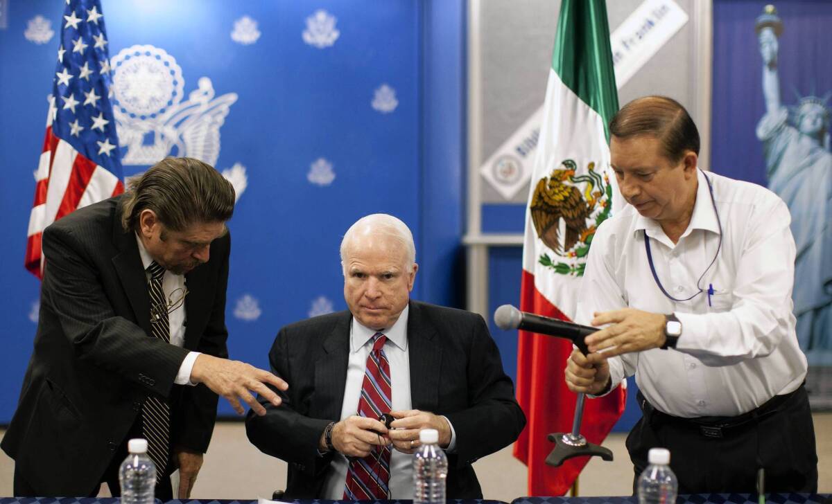 U.S. Sen. John McCain (R-Ariz.) prepares for a news conference in Mexico City after his closed-door meeting with Mexican President Enrique Peña Nieto.