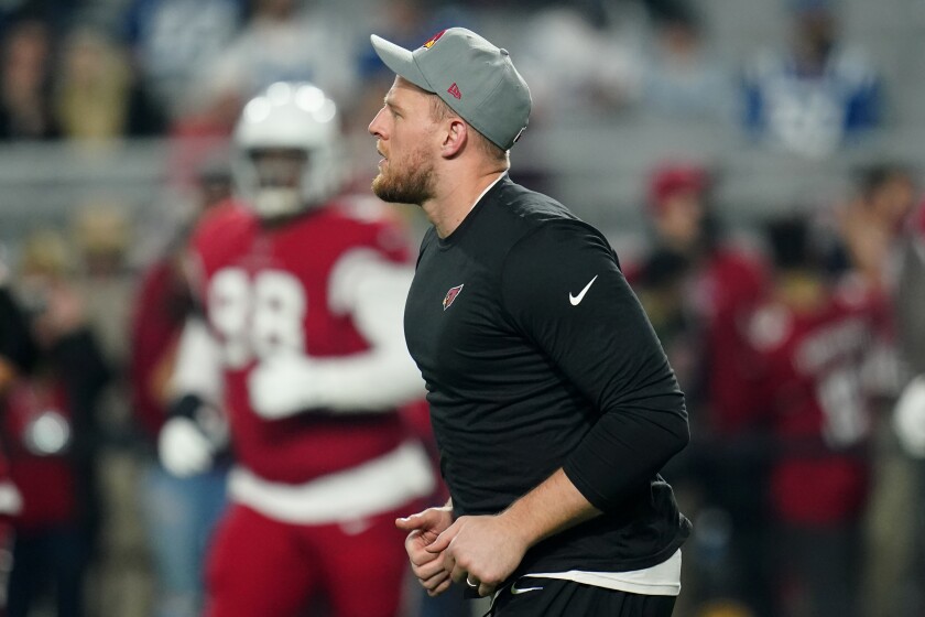 Arizona Cardinals defensive end J.J. Watt prior to an NFL football game against the Indianapolis Colts, Saturday, Dec. 25, 2021, in Phoenix. (AP Photo/Ross D. Franklin)
