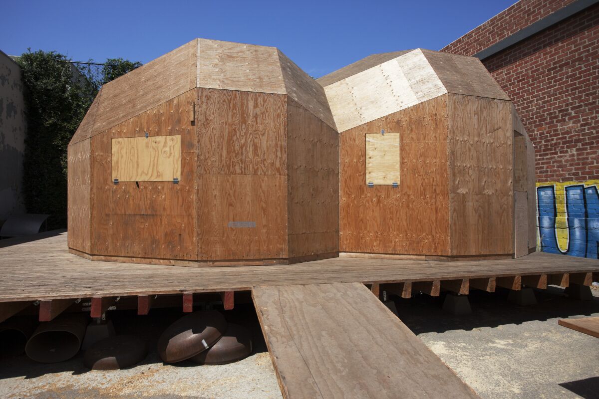 Oscar Tuazon's "Los Angeles Water School" in his studio's courtyard in 2018.