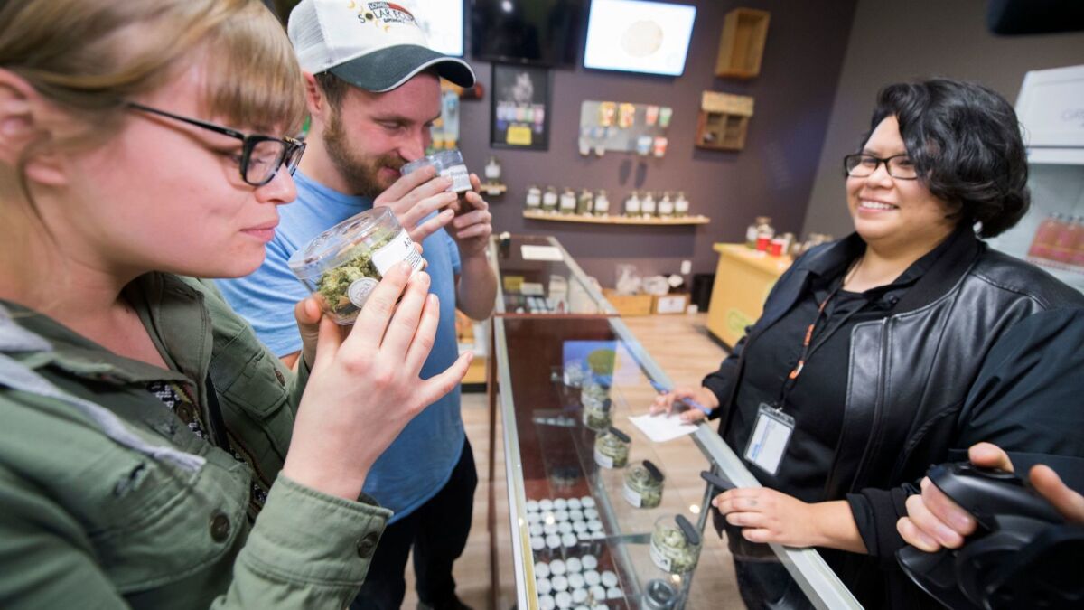 Tourists Laura Torgerson and Ryan Sheehan, visiting from Arizona, smell cannabis buds at the Green Pearl Organics dispensary on the first day of legal recreational marijuana sales in California, on Jan. 1, 2018, in Desert Hot Springs.